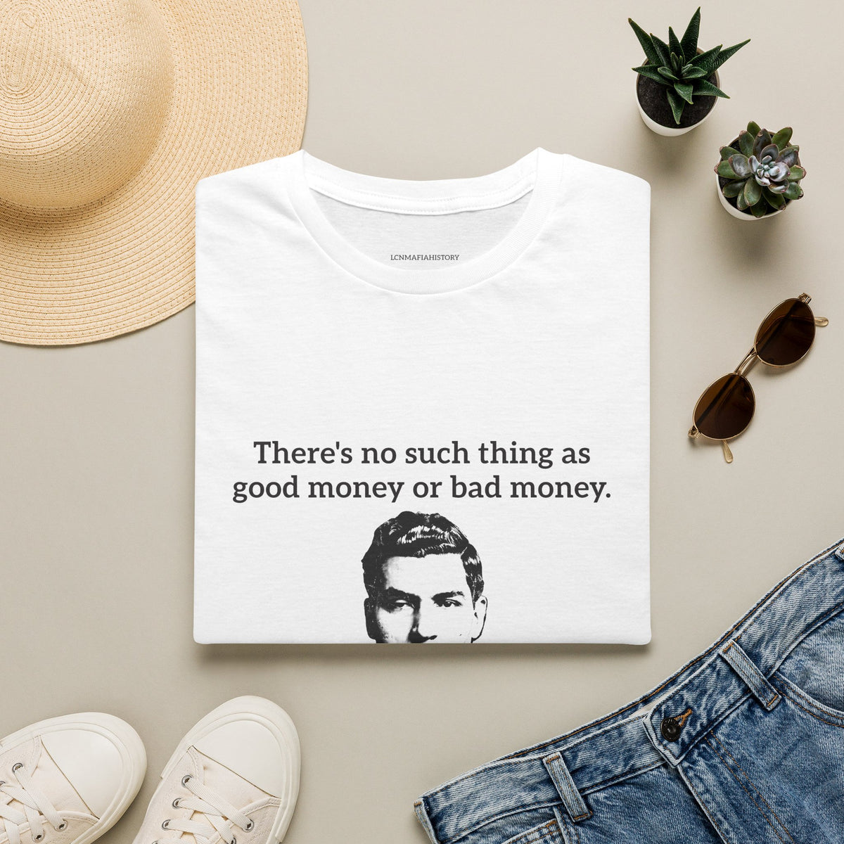 T-Shirt — Vintage Black & White Portrait Tee (retro gangster-style face)
