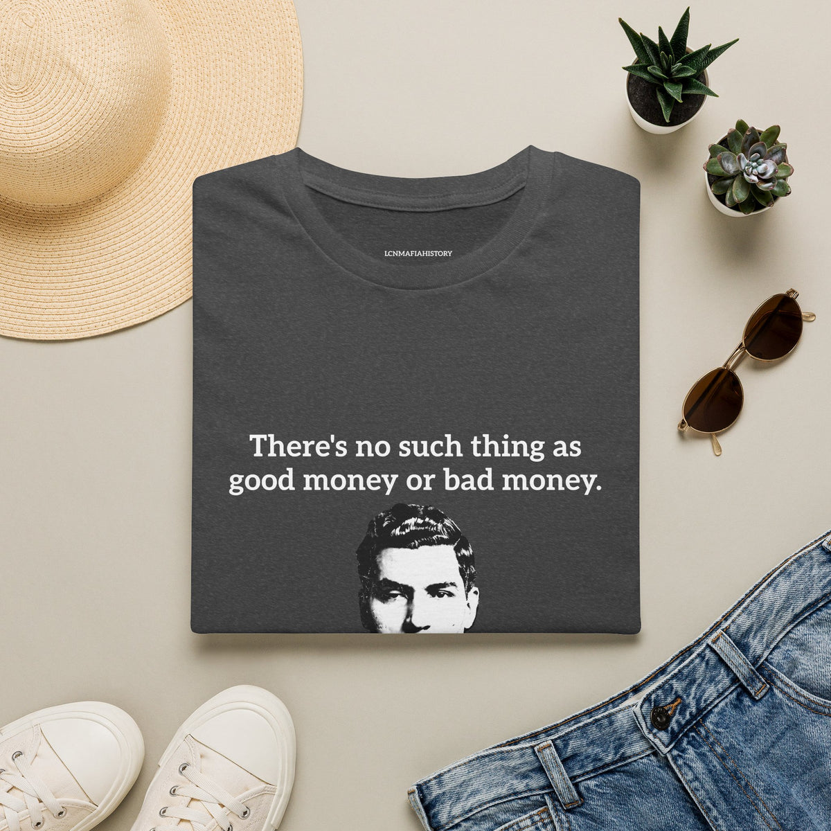 T-Shirt — Vintage Black & White Portrait Tee (retro gangster-style face)